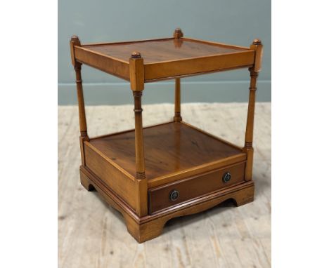 A yew wood square two tier lamp table fitted drawer to base, on bracket feet (h.57cm x l.45cm x w.45cm)