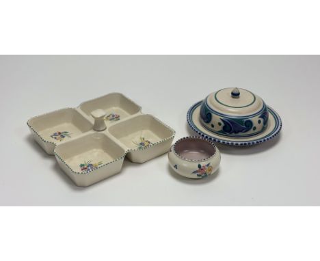 A collection of Poole Pottery comprising, a square nibbles dishes with knop handle, a small squat trinket bowl (h-5cm) and a 