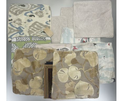A collection of various cushion covers comprising, a pair of square-form covers decorated with a sailing ship and seascape (4