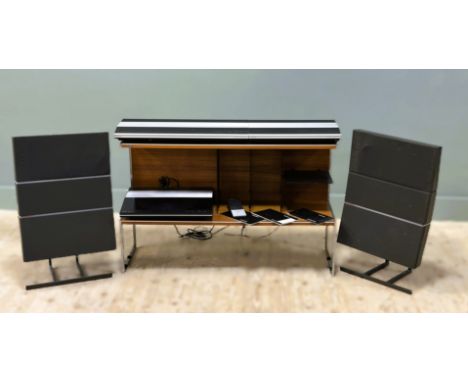 A Bang &amp; Olufsen teak and brushed stainless steel framed original media stand complete with Beomaster 3000 tuner and Beom