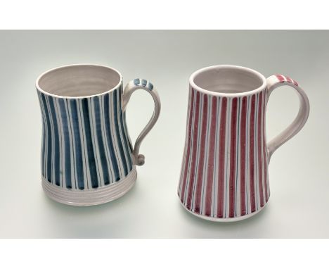 A pair of 1950's striped Rye Pottery mugs / tankards, one with red and blue stripes the other with blue stripes, both marked 