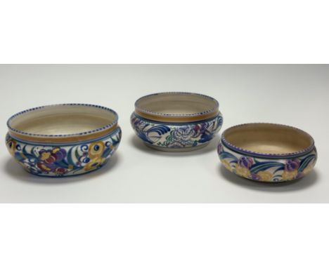 A trio of 1920's Carter Stabler Adams Ltd Poole Pottery bowls, smallest bowl decorated by Eileen Prangnell (Chennell 1924-37)