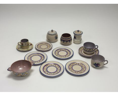 A collection of Carter Stabler Adams Poole Pottery red bodied wares comprising, a set of four geometric patterns plates (w-15