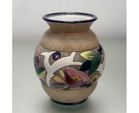 An Art Deco 1920's Amphora vase, decorated band of a deer and flowers, marked verso. (h-26cm) 