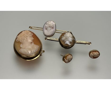 A collection of shell carved cameo jewellery to include, a 9ct gold rope pattern border mounted cameo brooch/ pendant in rub-