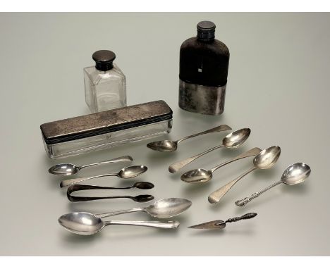 A collection of silver and plated items to include, a plated hip flask, a glass perfume bottle with white metal screw top: h.