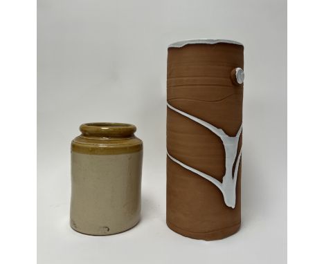 A stoneware large pottery vase with white glaze detail to top and drip pattern to body (h. 37cm), together with a smaller sto
