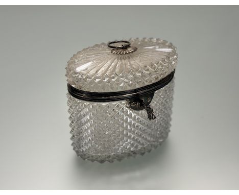 A hobnail cut crystal oval tea caddy with plated ring and mounts with lock and key: h. x 12cm l. x 13.5cm 2. x 8cm 