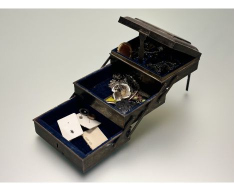 An eastern three-section concertina form jewellery box with blue velvet lined interior: h. x 12cm l. x 15cm w. x 12cm contain