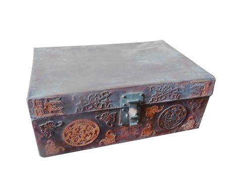 A Chinese painted canvas case or trunk, with applied raised decoration, side handles, etc. (AF), 66cm wide.