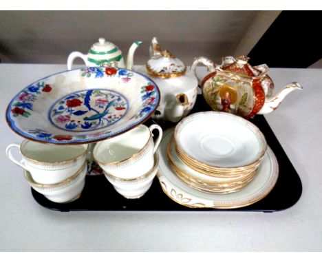 A tray containing antique and later ceramics to include Booths comport, teapots, Noritake coffee pot, Adderley part bone chin