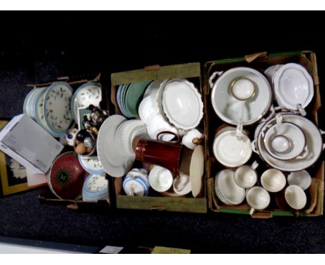 Three boxes containing antique and later ceramics to include 19th century tureens, Wedgwood dinnerware, Wedgwood bone china t