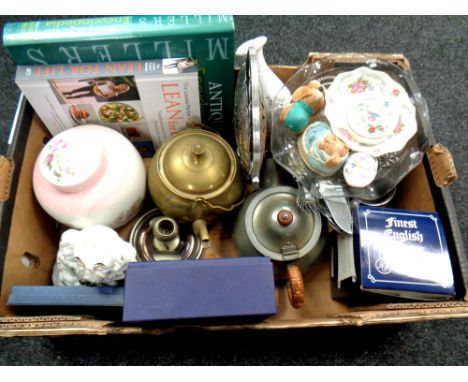 A box of books, Queen Elizabeth Golden Jubilee teaspoons, plated tea service, brass kettle, Staffordshire dog etc