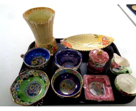 A tray containing ten pieces of Maling china to include Rosalind milk jug and sugar basin, Peony Rose preserve pot and ashtra