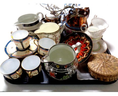 A tray containing miscellaneous ceramics to include antique copper lustre jugs, part Paragon tea service, Coalport Indian Tre