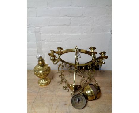 A 19th century brass rise and fall hanging oil lamp (no shade)