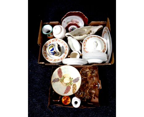 Two boxes of ceramics and glass ware : Maddic dinner ware, china cake stand, vases, tea caddy etc 
