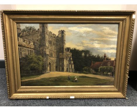 Robert E Buckley : Figures by a castle gate, oil on canvas, 39 cm x 60 cm, framed.
