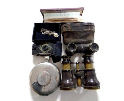 A box containing antique field and opera glasses, a rolled gold Parker pen, pendant on chain, an Ensign midget camera, pewter