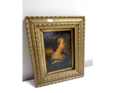 An antiquarian oil on board : Portrait study of a woman, in a gilt composite frame 