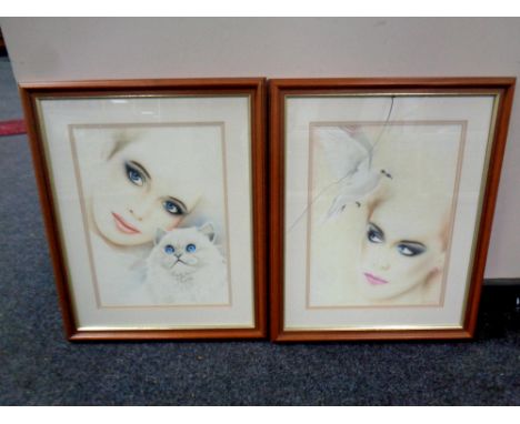 Howard Robinson: Portrait of a lady with cat, together with a similar portrait of a lady with bird, 29 cm x 39 cm, both parts