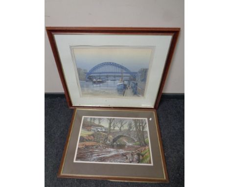 An R W Thornton pastel study, bridge over river, together with a further watercolour by the same artist, Newcastle Quayside 