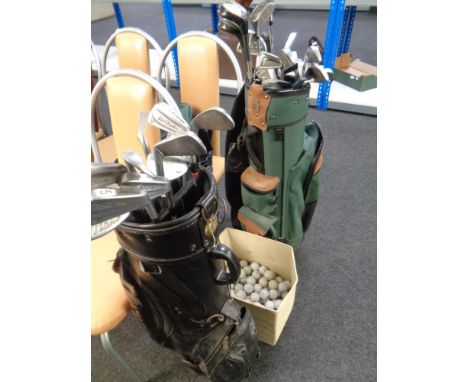 Two golf bags of irons, drivers and putters by Dunlop, Daiwa, Slazenger etc and a box of golf balls 