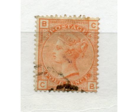 1873 - 80 4d vermilion plate 15 (CB) fine used, light cancel, 1 nibbled perf.  SG 152.  Cat £475.