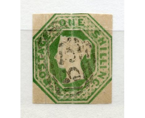 1847 Embossed 1/- green 4 touching margins with light duplex cancel.  SG 54.  Cat £1000.