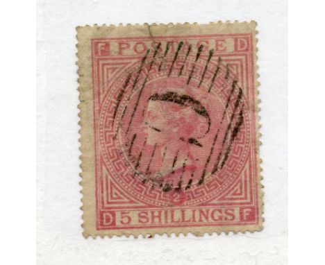 USED ABROAD CONSTANINOPLE 1867 5/- rose plate 2 fu with light C cancel, couple of short perfs.  SG Z121.  Cat £250+.