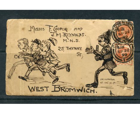 HAND DRAWN COVERS 1899 mail from Coventry to West Bromwich franked with 2 x ½d Jubilee with hand penned drawing of Policeman 