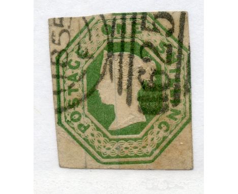 1847 Embossed 1/- green 4 margined with light duplex cancel, faults.  SG 54.  Cat £1000.