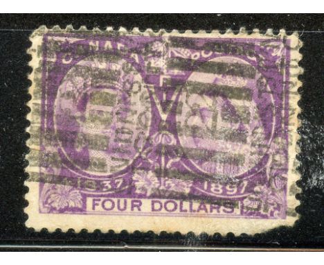 CANADA 1897 $4 violet Jubilee short corner with roller cancel.  SG 139.  Cat £700.