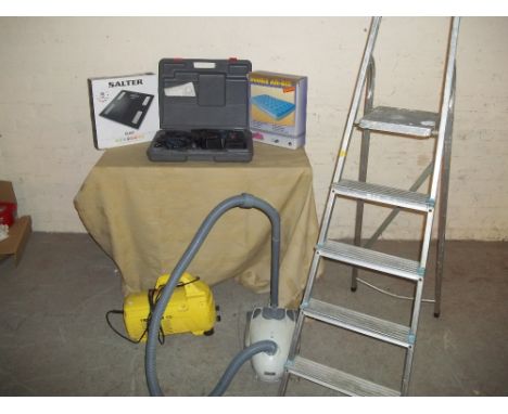 A KARCHER JET WASH, A BOXED DOUBLE AIR BED, A VACUUM, SCALES, CORDLESS BOSCH DRILL AND AN ALUMINIUM STEP LADDER