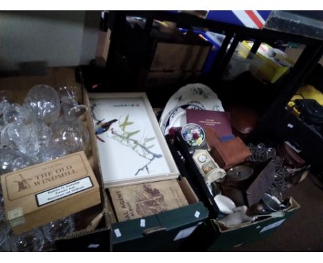 THREE TRAYS OF SUNDRIES TO INCLUDE MANTEL CLOCK, GLASSWARE, ETC.