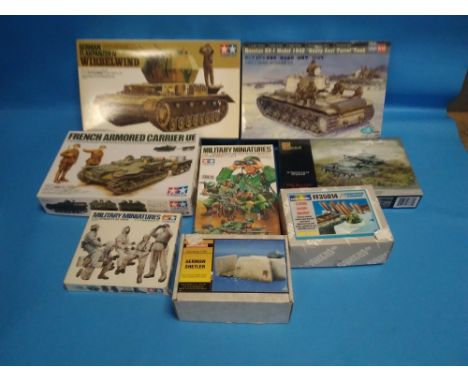 EIGHT BOXED MILITARY MODEL KITS TO INCLUDE TAMIYA GERMAN FLAKPANZER TANK 1:35 SCALE, tAMIYA FRENCH ARMOURED CARRIER 1:35 SCAL