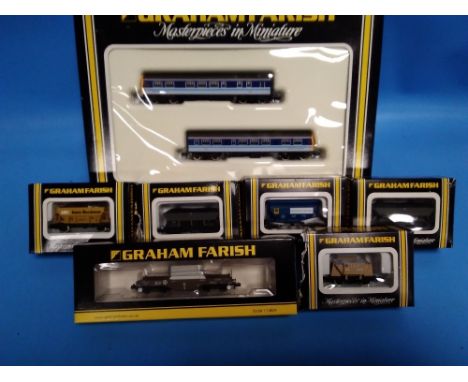 SEVEN BOXED N GAUGE PIECES OF GRAHAM FARISH TO INCLUDE 8131, 2 CAR ITEMS DIESEL MOTOR UNIT, 377-802 NUCLEAR FLASK WAGON, 4512