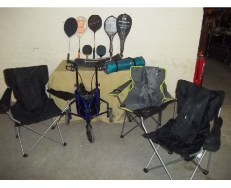 SIX ITEMS COMPRISING THREE FOLD AWAY FISHING CHAIRS, A BAG OF VINTAGE RACQUETS AND A WALKING AID