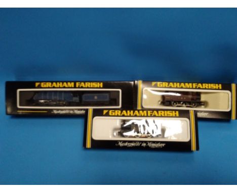 THREE BOXED N GAUGE GRAHAM FARISH STEAM LOCOMOTIVES, ONE WITH TENDER (MALLARD EXPRESS),  372351, 1731, 1701