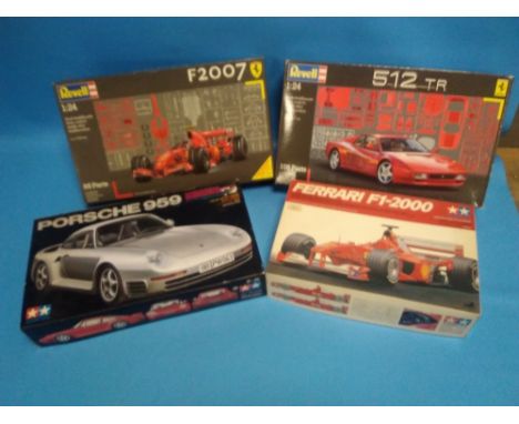 FOUR BOXED MODEL CAR KITS TO INCLUDE TAMIYA PORSCHE 959 1:24 SCALE, REVELL FERRARI 512 tr, REVELL FERRARI F2007  1:24 SCALE A