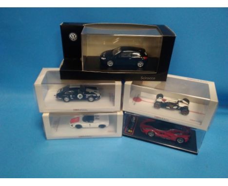 FIVE BOXED DIECAST CARS TO INCLUDE TSM PORSCHE 910, TSM PORSCHE 911, TSM HONDA PROJECT 2015, FERRARI FXXK ABU DHABI 2014 AND 