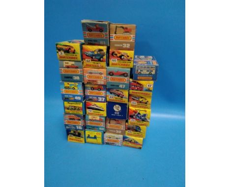 A BOX CONTAINING 26 BOXED VINTAGE MATCHBOX VEHICLES, TO INCLUDE 65,71, 41 44, 42, 49, 3, 30. 74, 37, 60, 38, 42, 61, 32 X 2, 