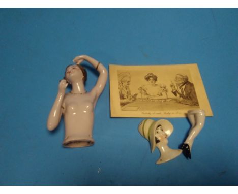 A CERAMIC PIN CUSHION DOLLS HEAD, AN ART DECO FLATBACK PIN CUSHION, VINTAGE POST CARD ETC