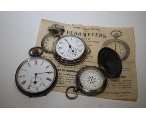 A HALLMARKED SILVER OPEN FACED POCKET WATCH TOGETHER WITH A COMPASS AND A PEDOMETER (3) 