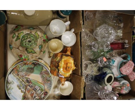 A TRAY OF ASSORTED CERAMICS TOGETHER WITH A TRAY OF MOSTLY GLASSWARE 