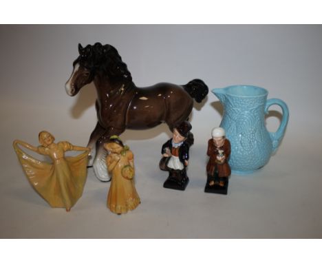 A COLLECTION OF CERAMIC FIGURES ETC. TO INCLUDE A BESWICK CANTERING SHIRE HORSE, ROYAL DOULTON TROTTY VEEK WADE ETC. 