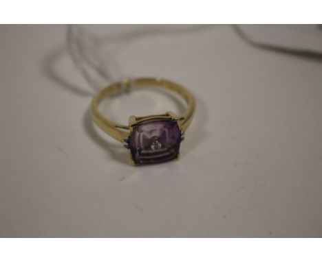 A HALLMARKED 9K GOLD AMETHYST AND DIAMOND RING, the amethyst measuring approx 10 mm x 10 mm ring size R 1/2