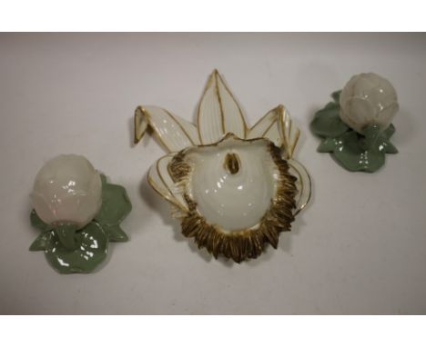 THREE ANTIQUE ROYAL WORCESTER WALL POCKETS IN THE FORM OF FLOWERS