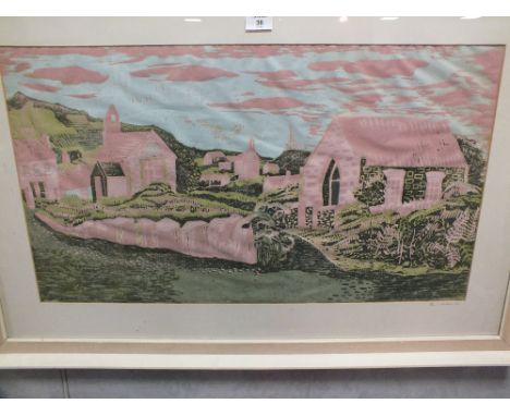 JOAN E. WOOLLARD. A modernist moorland village scene, signed in pencil and dated 1964 lower right, coloured lithograph on pap
