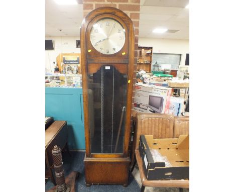 AN ART DECO OAK CASED LONGCASE CLOCK - TRIPLE CHROME WEIGHTS - PENDULUM, H 191 cm